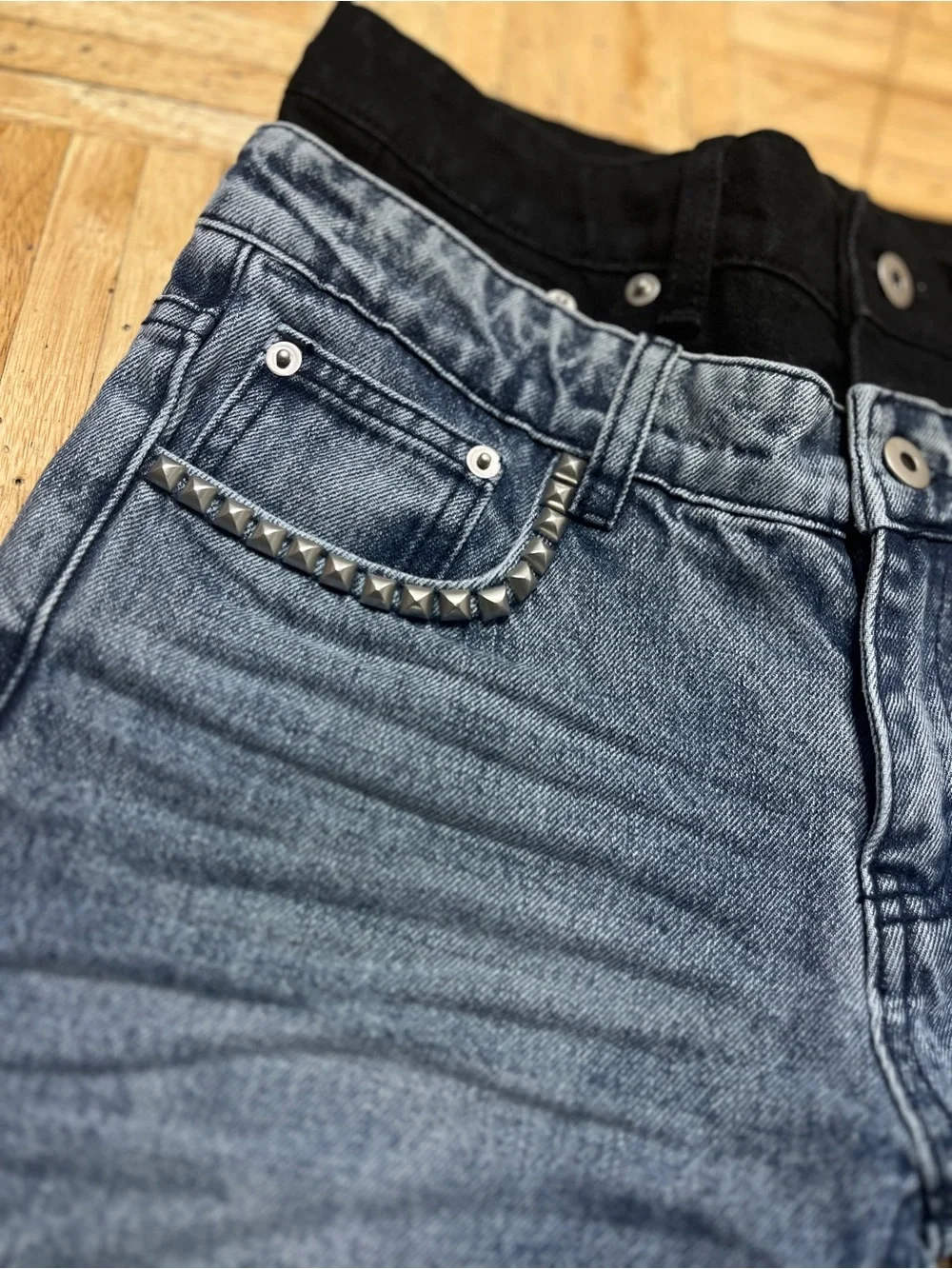 Men's Washed Blue Jeans with Black Denim Waistband